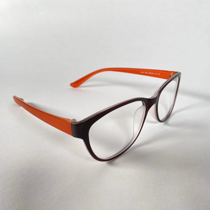 Brown and orange eyeglasses with rectangular frames on white background