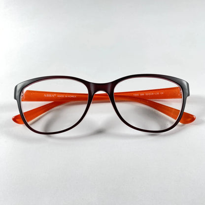 Brown and orange eyeglasses frame with clear lenses on white background