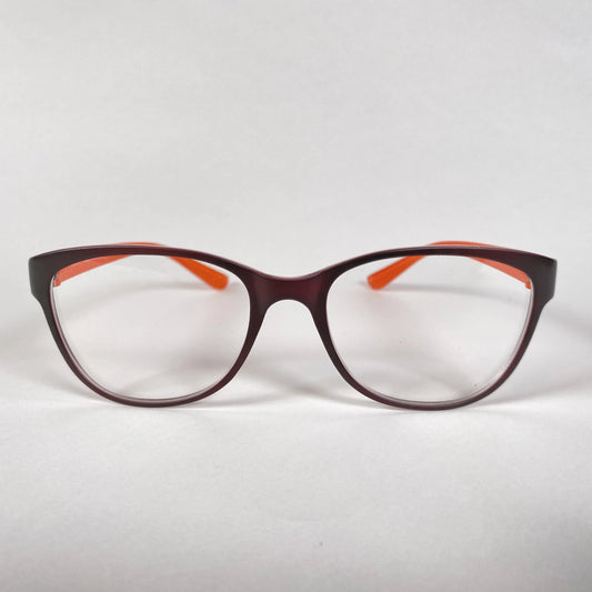 Front view of brown-orange eyeglasses with cat-eye frame on white background