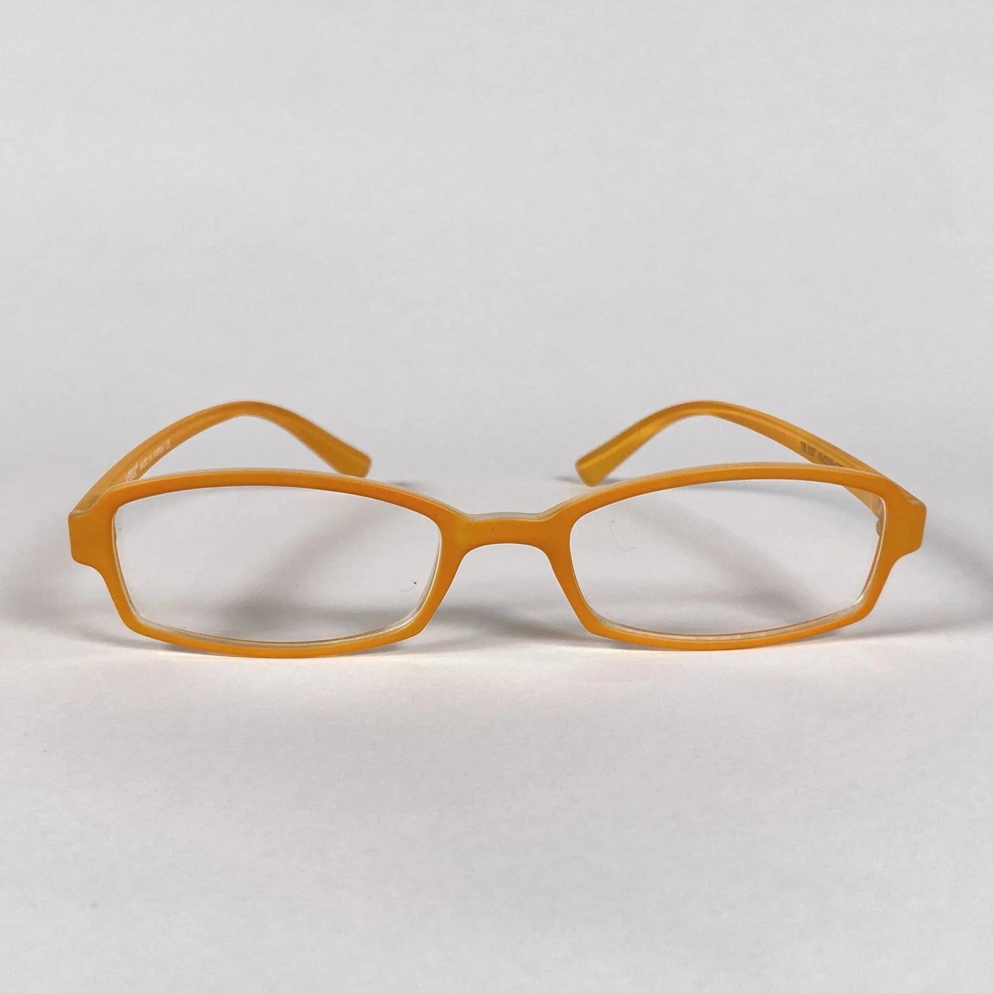 Front view of orange kids rectangular eyeglasses on white background