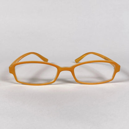 Front view of orange kids rectangular eyeglasses on white background