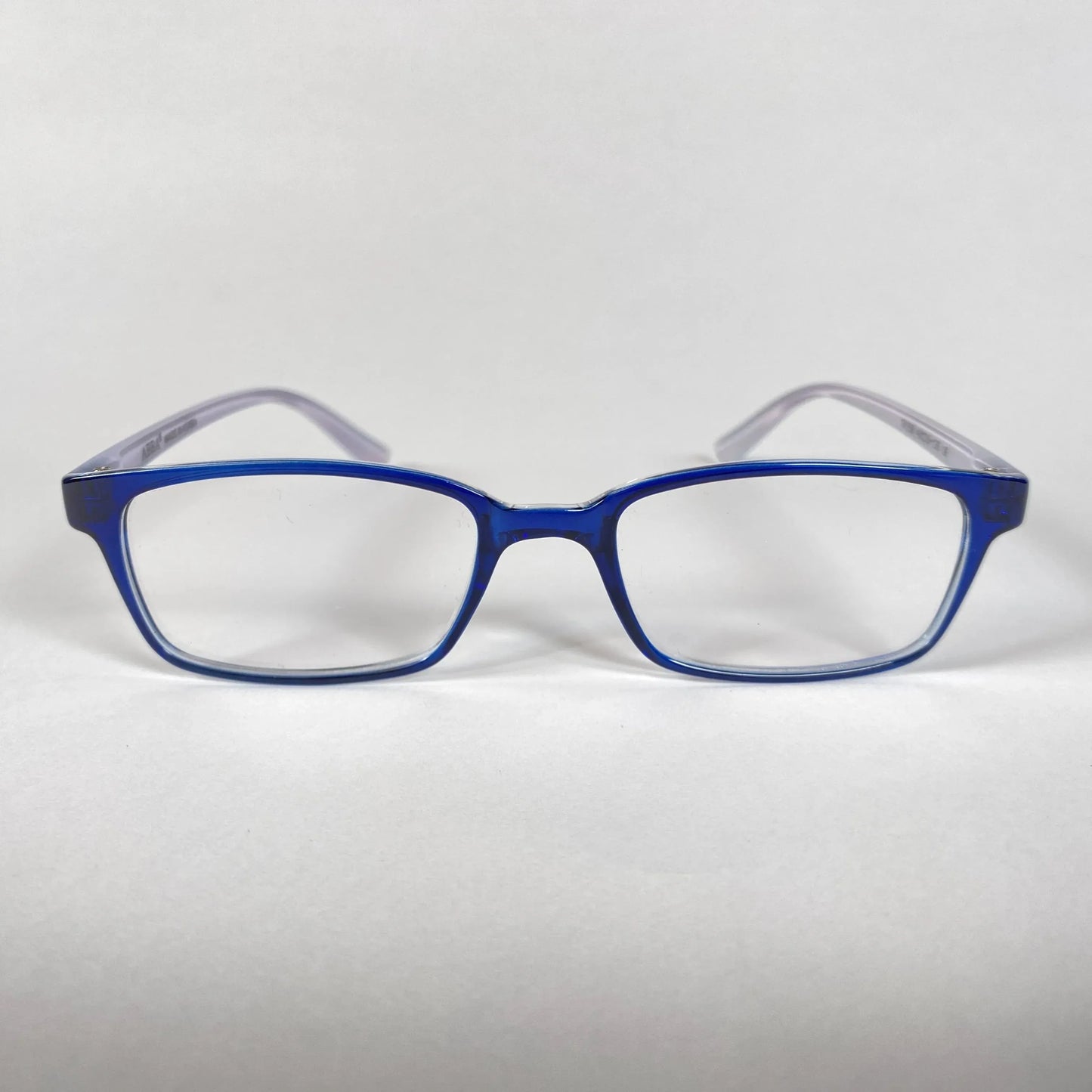 Blue rectangular kids eyeglasses with clear lenses on a white background