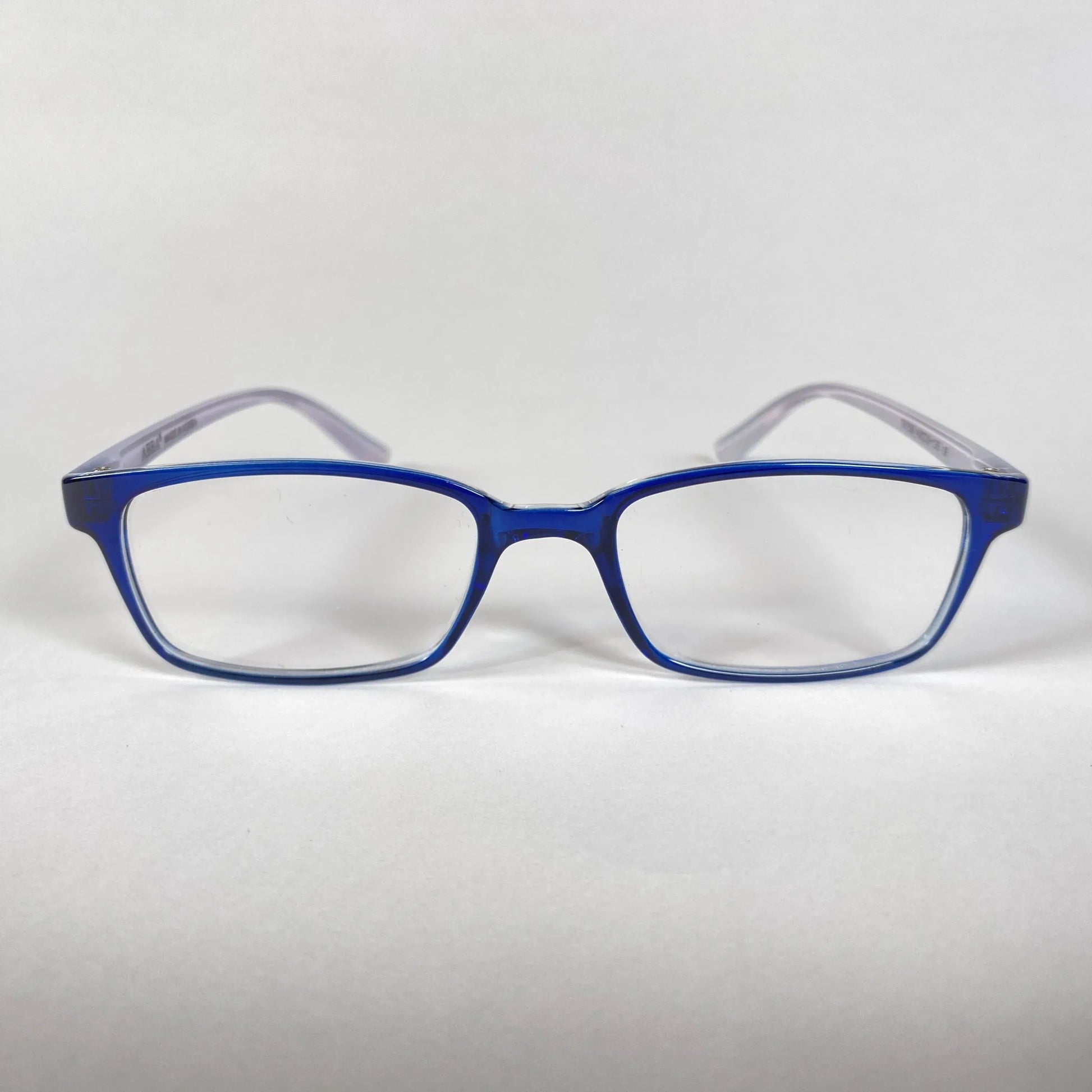 Blue rectangular kids eyeglasses with clear lenses on a white background