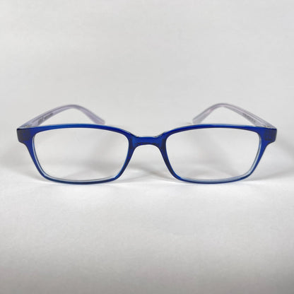 Blue rectangular kids eyeglasses with clear lenses on a white background