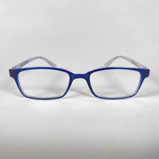 Blue rectangular kids eyeglasses with clear lenses on a white background