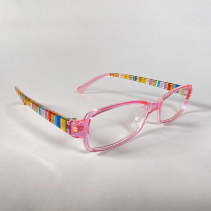 Pink kids glasses with clear lenses and colorful striped arms on white background