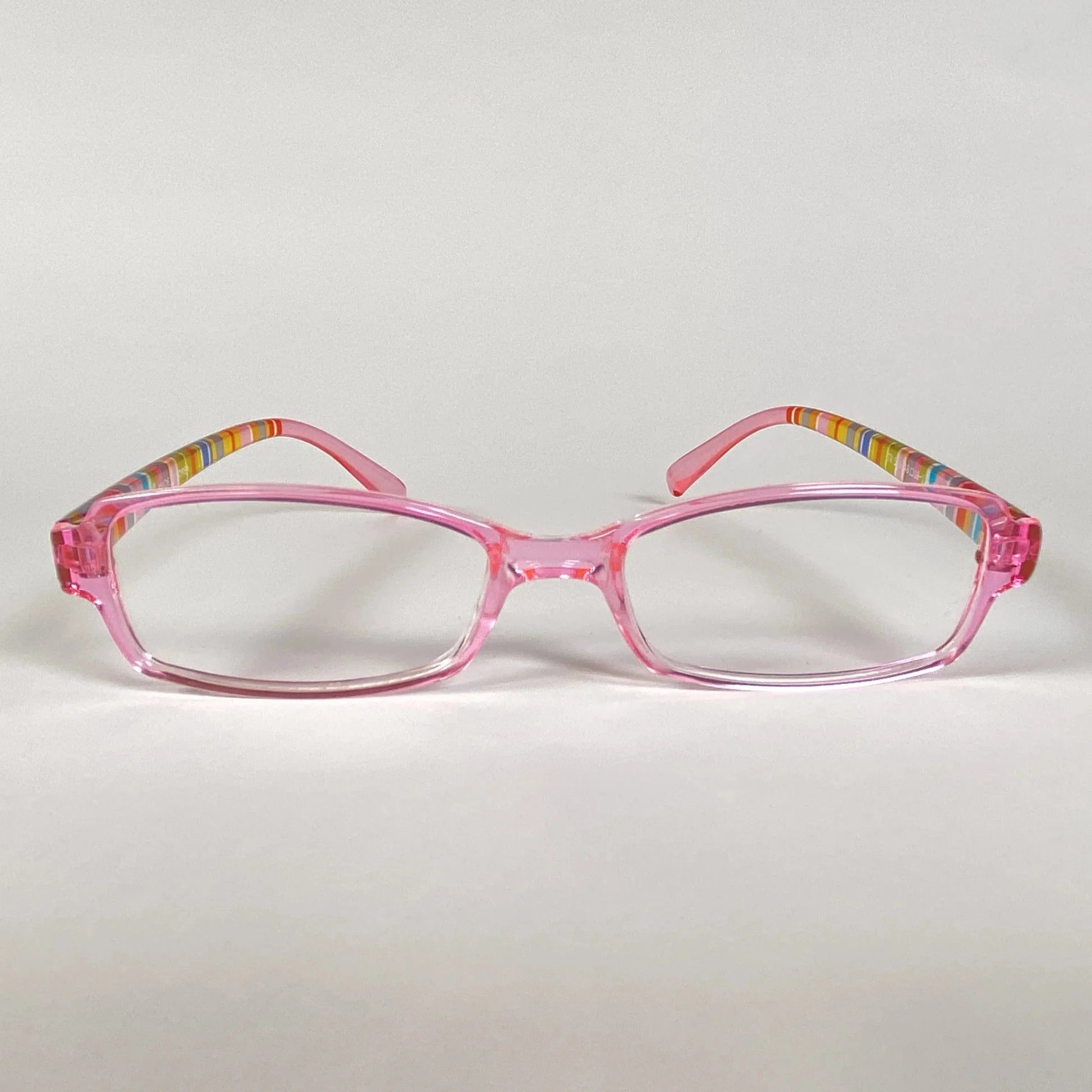 Pink kids eyeglasses with colorful striped arms on a white background