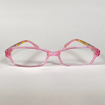 Pink kids eyeglasses with colorful striped arms on a white background