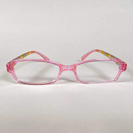 Pink kids eyeglasses with colorful striped arms on a white background