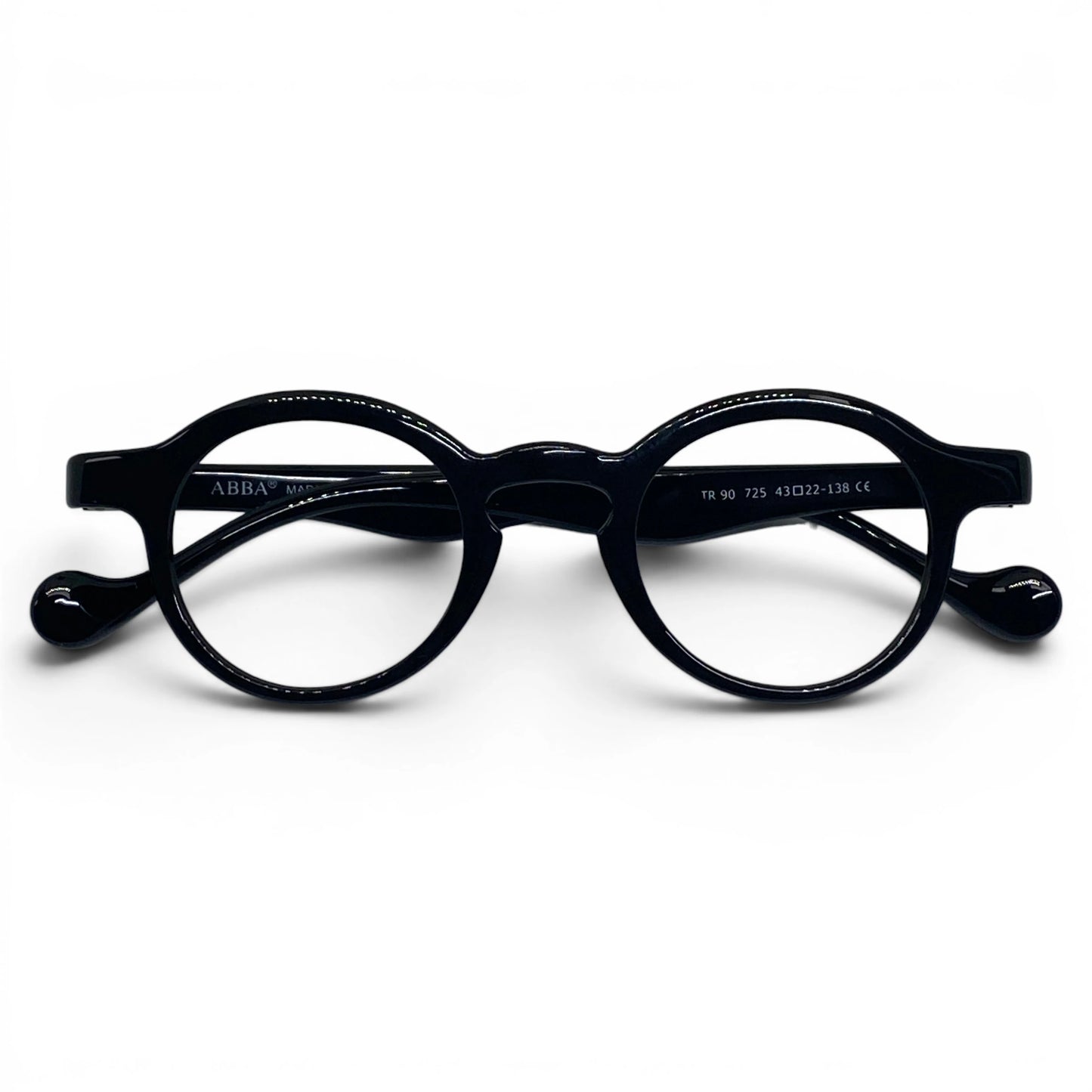 Soule 725 slim round black prescription eyeglasses with rounded temple tips, folded front view