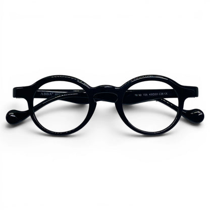 Soule 725 slim round black prescription eyeglasses with rounded temple tips, folded front view