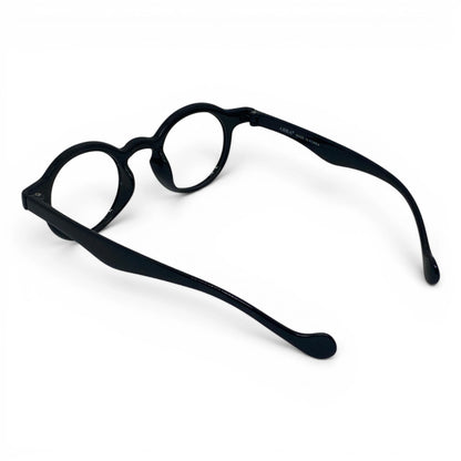 Soule 725 slim round black prescription eyeglasses with curved temples, back view