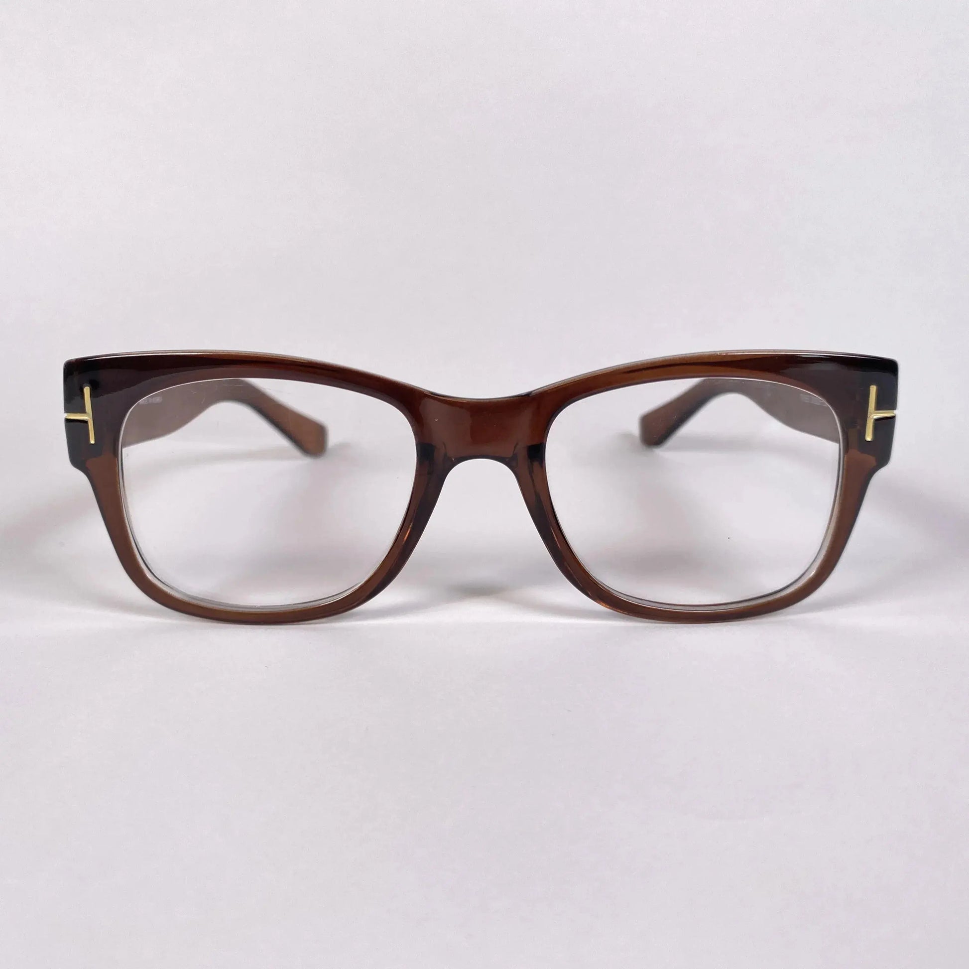 Brown square eyeglasses with gold accents on white background