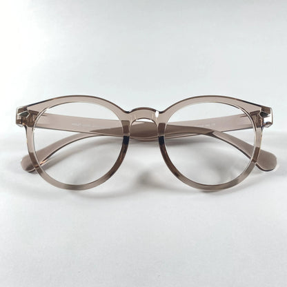 Round grey transparent eyeglasses with clear lenses on white background