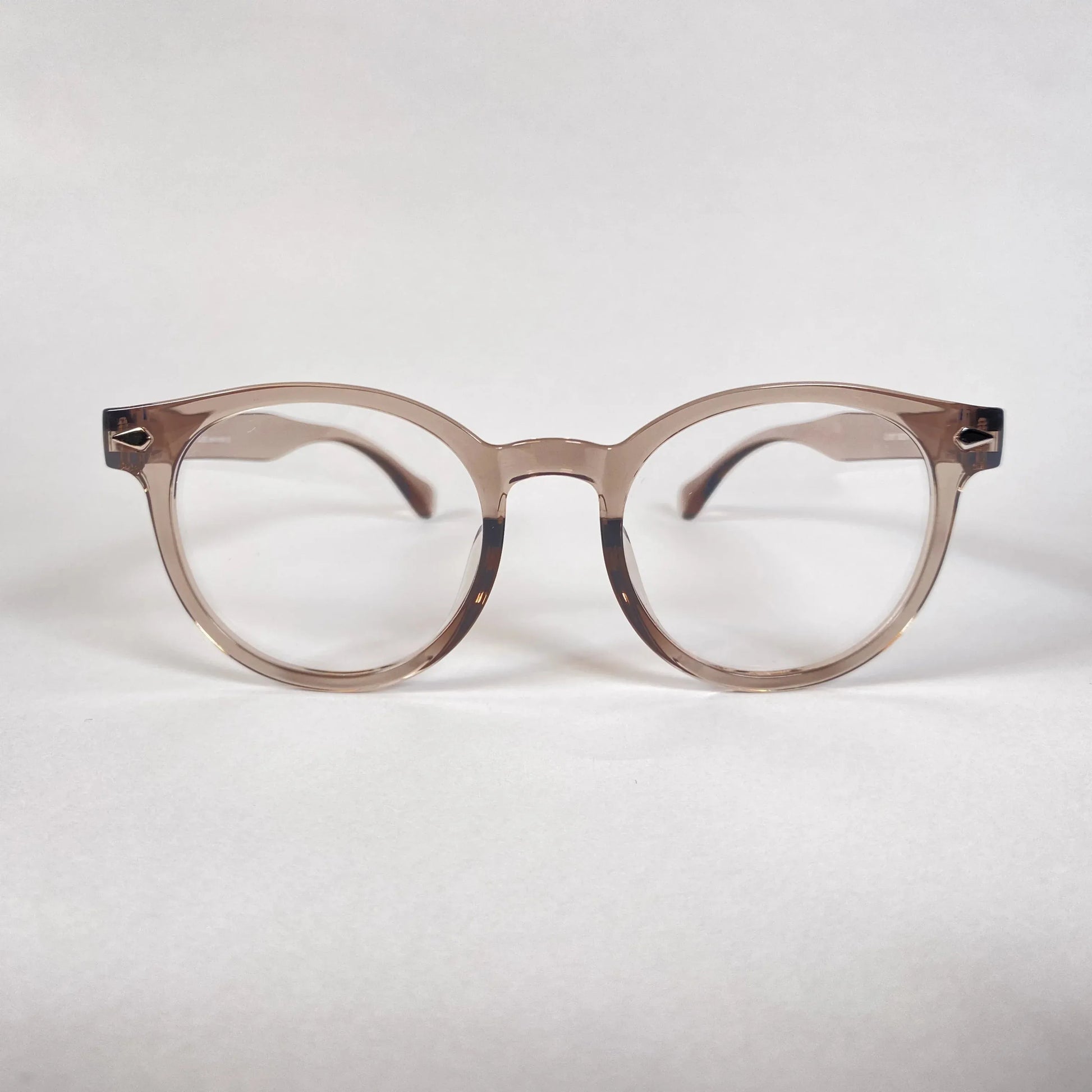 Round grey transparent eyeglasses with clear lenses on white background