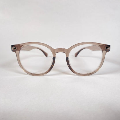 Round grey transparent eyeglasses with clear lenses on white background