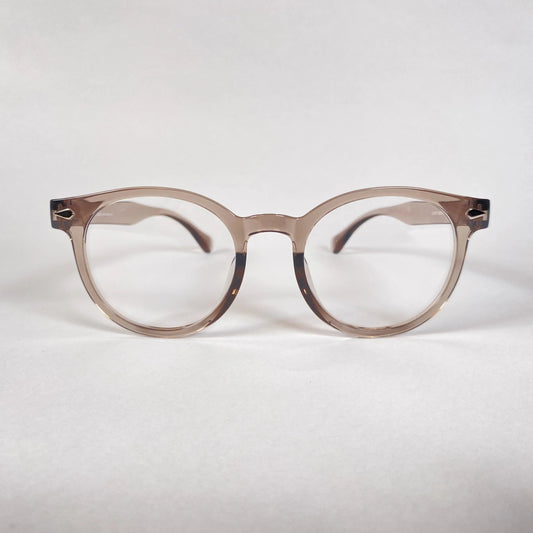 Round grey transparent eyeglasses with clear lenses on white background