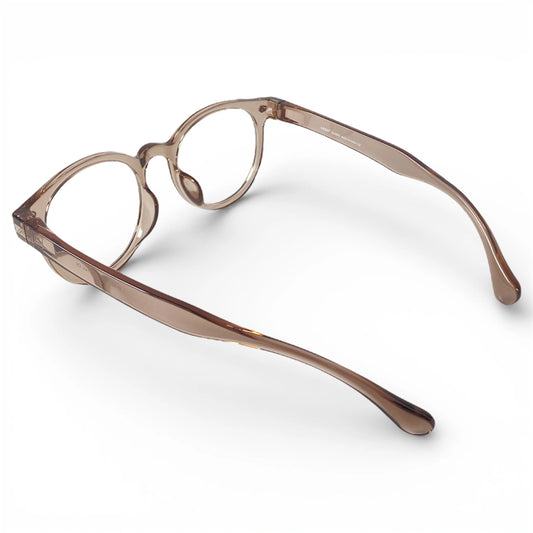 Round grey transparent eyeglasses with thick frames on a white background