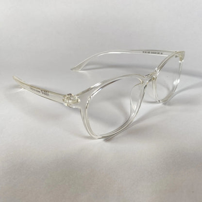 Clear sporty eyeglasses with transparent frames on a white background