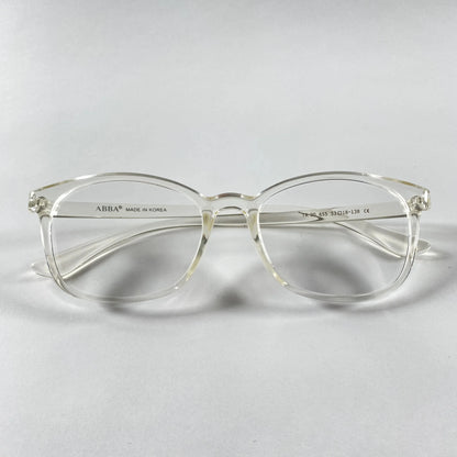 Clear Vion eyeglasses with transparent frame on white background, sporty style detail