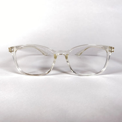Clear plastic sporty eyeglasses with a round frame on a white background