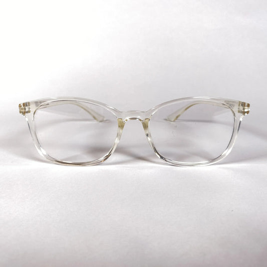 Clear plastic sporty eyeglasses with a round frame on a white background